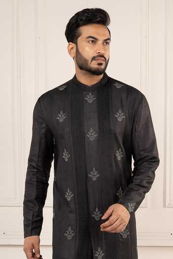 Buy_POONAM KASERA_Black Silk, Dupion Pintucks Kurta Set _Online_at_Aza_Fashions