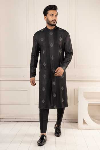 Shop_POONAM KASERA_Black Silk, Dupion Pintucks Kurta Set _Online_at_Aza_Fashions