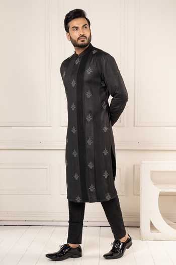 POONAM KASERA_Black Silk, Dupion Pintucks Kurta Set _at_Aza_Fashions