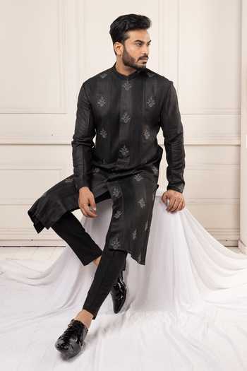 Shop_POONAM KASERA_Black Silk, Dupion Pintucks Kurta Set 