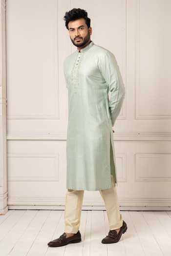 Buy_POONAM KASERA_Green Silk, Dupion Mint Gota Embroidered Kurta Set _Online_at_Aza_Fashions