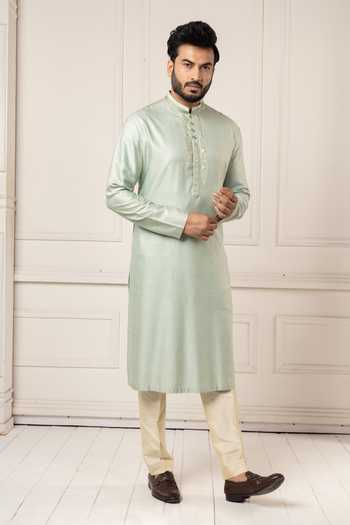 Shop_POONAM KASERA_Green Silk, Dupion Mint Gota Embroidered Kurta Set _Online_at_Aza_Fashions