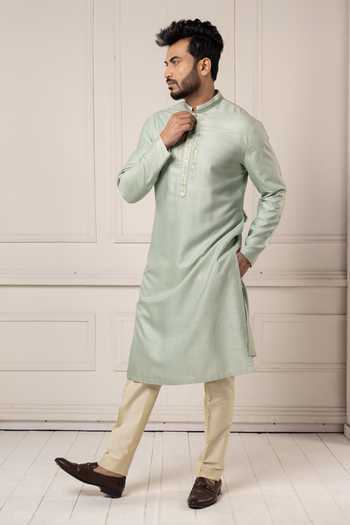 Buy_POONAM KASERA_Green Silk, Dupion Mint Gota Embroidered Kurta Set 
