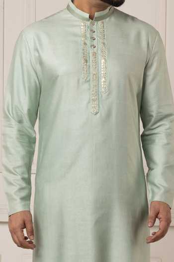 Shop_POONAM KASERA_Green Silk, Dupion Mint Gota Embroidered Kurta Set 