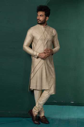 Shop POONAM KASERA Beige Silk, Dupion Diagonal Pintucks Kurta Set Online at Aza Fashions Shop_POONAM KASERA_Beige Silk, Dupion Diagonal Pintucks Kurta Set _Online_at_Aza_Fashions