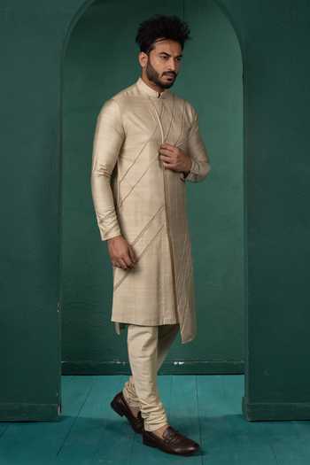 Buy POONAM KASERA Beige Silk, Dupion Diagonal Pintucks Kurta Set Buy_POONAM KASERA_Beige Silk, Dupion Diagonal Pintucks Kurta Set