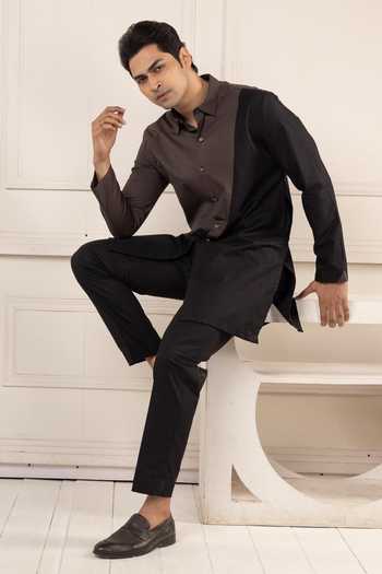 POONAM KASERA_Black Poplin Color Block Kurta Set _Online_at_Aza_Fashions
