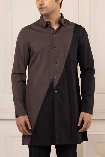 Buy_POONAM KASERA_Black Poplin Color Block Kurta Set _Online_at_Aza_Fashions