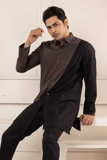 Buy_POONAM KASERA_Black Poplin Color Block Kurta Set 