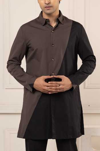Shop_POONAM KASERA_Black Poplin Color Block Kurta Set 