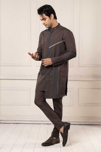 POONAM KASERA_Brown Poplin Charcoal Short Kurta Set _Online_at_Aza_Fashions
