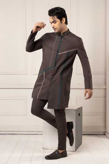 Buy_POONAM KASERA_Brown Poplin Charcoal Short Kurta Set _Online_at_Aza_Fashions