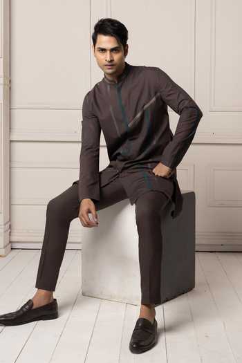 Shop_POONAM KASERA_Brown Poplin Charcoal Short Kurta Set _Online_at_Aza_Fashions