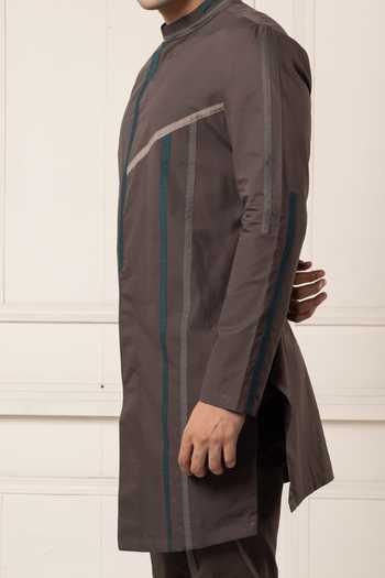 POONAM KASERA_Brown Poplin Charcoal Short Kurta Set _at_Aza_Fashions