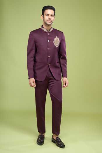 Arihant Rai Sinha_Wine Rayon Embroidery Hand Bandhgala And Pant Set _at_Aza_Fashions