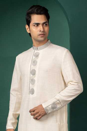 Shop_POONAM KASERA_Off White Silk Geometric Placement Embroidered Kurta Set _Online_at_Aza_Fashions