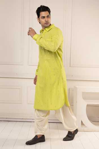 POONAM KASERA Green Cotton Mirror Work Pathani Kurta Set Online at Aza Fashions POONAM KASERA_Green Cotton Mirror Work Pathani Kurta Set _Online_at_Aza_Fashions