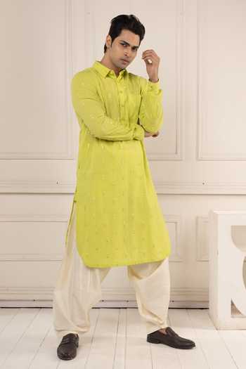 Buy POONAM KASERA Green Cotton Mirror Work Pathani Kurta Set Online at Aza Fashions Buy_POONAM KASERA_Green Cotton Mirror Work Pathani Kurta Set _Online_at_Aza_Fashions