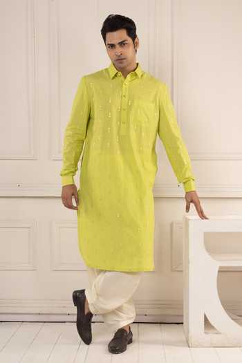 Shop POONAM KASERA Green Cotton Mirror Work Pathani Kurta Set Online at Aza Fashions Shop_POONAM KASERA_Green Cotton Mirror Work Pathani Kurta Set _Online_at_Aza_Fashions