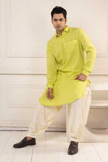 POONAM KASERA Green Cotton Mirror Work Pathani Kurta Set at Aza Fashions POONAM KASERA_Green Cotton Mirror Work Pathani Kurta Set _at_Aza_Fashions