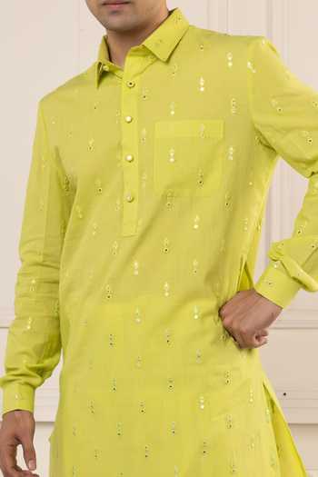 Buy POONAM KASERA Green Cotton Mirror Work Pathani Kurta Set Buy_POONAM KASERA_Green Cotton Mirror Work Pathani Kurta Set
