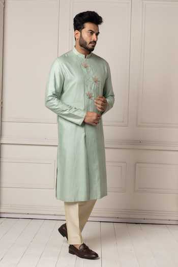 POONAM KASERA Green Silk, Dupion Mint Embroidered Kurta Set Online at Aza Fashions POONAM KASERA_Green Silk, Dupion Mint Embroidered Kurta Set _Online_at_Aza_Fashions