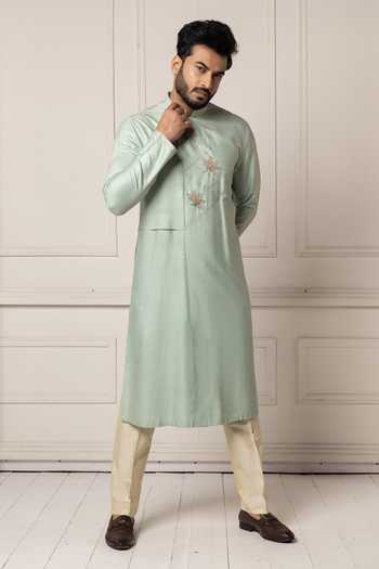 Buy POONAM KASERA Green Silk, Dupion Mint Embroidered Kurta Set Online at Aza Fashions Buy_POONAM KASERA_Green Silk, Dupion Mint Embroidered Kurta Set _Online_at_Aza_Fashions