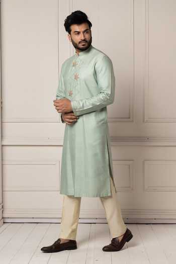 Shop POONAM KASERA Green Silk, Dupion Mint Embroidered Kurta Set Online at Aza Fashions Shop_POONAM KASERA_Green Silk, Dupion Mint Embroidered Kurta Set _Online_at_Aza_Fashions