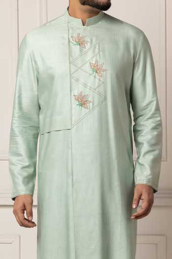POONAM KASERA Green Silk, Dupion Mint Embroidered Kurta Set at Aza Fashions POONAM KASERA_Green Silk, Dupion Mint Embroidered Kurta Set _at_Aza_Fashions