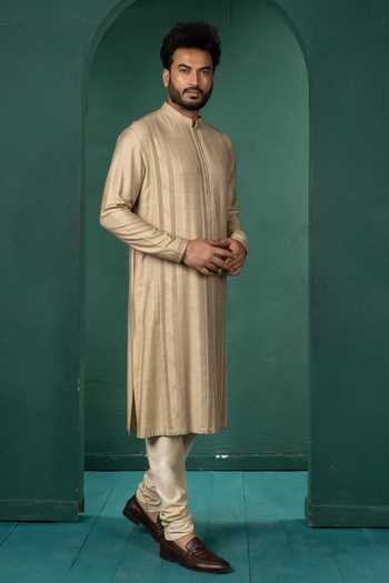 POONAM KASERA Beige Silk, Dupion Pintuck Kurta Set Online at Aza Fashions POONAM KASERA_Beige Silk, Dupion Pintuck Kurta Set _Online_at_Aza_Fashions