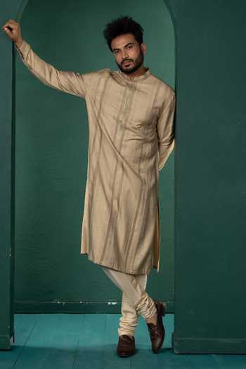 Shop POONAM KASERA Beige Silk, Dupion Pintuck Kurta Set Online at Aza Fashions Shop_POONAM KASERA_Beige Silk, Dupion Pintuck Kurta Set _Online_at_Aza_Fashions