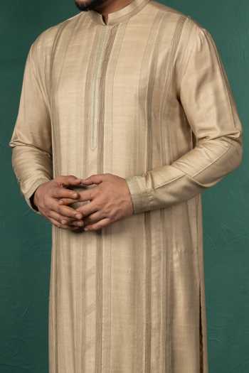 POONAM KASERA Beige Silk, Dupion Pintuck Kurta Set at Aza Fashions POONAM KASERA_Beige Silk, Dupion Pintuck Kurta Set _at_Aza_Fashions