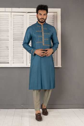 POONAM KASERA_Blue Silk, Dupion Pintuck Embroidered Kurta Set _Online_at_Aza_Fashions