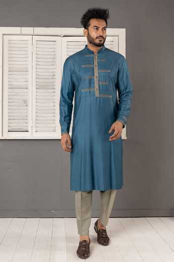 Buy_POONAM KASERA_Blue Silk, Dupion Pintuck Embroidered Kurta Set _Online_at_Aza_Fashions