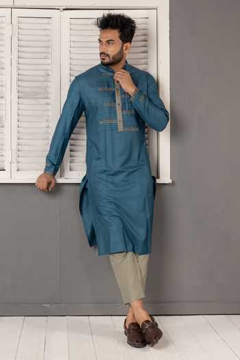 Shop_POONAM KASERA_Blue Silk, Dupion Pintuck Embroidered Kurta Set _Online_at_Aza_Fashions