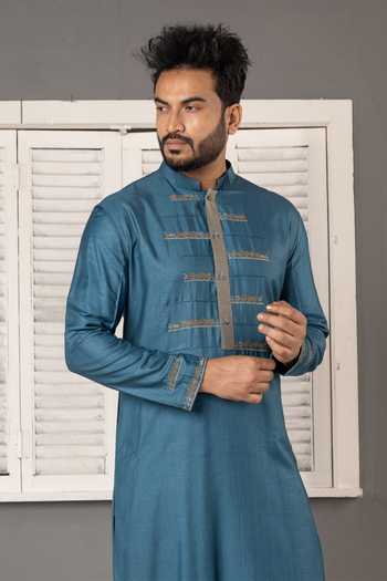 POONAM KASERA_Blue Silk, Dupion Pintuck Embroidered Kurta Set _at_Aza_Fashions