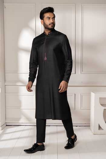 Shop POONAM KASERA Black Silk, Dupion Mirror Work Kurta Set Online at Aza Fashions Shop_POONAM KASERA_Black Silk, Dupion Mirror Work Kurta Set _Online_at_Aza_Fashions