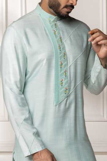 POONAM KASERA_Blue Silk, Dupion Pintuck Embroidered Kurta Set _Online_at_Aza_Fashions
