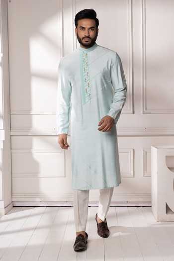 Buy_POONAM KASERA_Blue Silk, Dupion Pintuck Embroidered Kurta Set _Online_at_Aza_Fashions