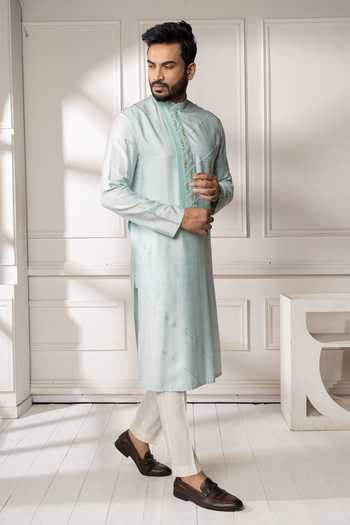 Shop_POONAM KASERA_Blue Silk, Dupion Pintuck Embroidered Kurta Set _Online_at_Aza_Fashions