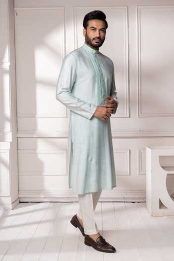 POONAM KASERA_Blue Silk, Dupion Pintuck Embroidered Kurta Set _at_Aza_Fashions