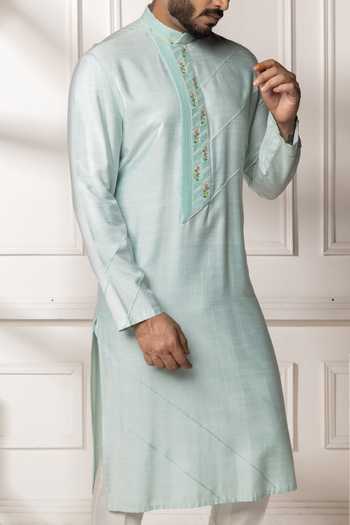Buy_POONAM KASERA_Blue Silk, Dupion Pintuck Embroidered Kurta Set 