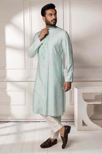 Shop_POONAM KASERA_Blue Silk, Dupion Pintuck Embroidered Kurta Set 