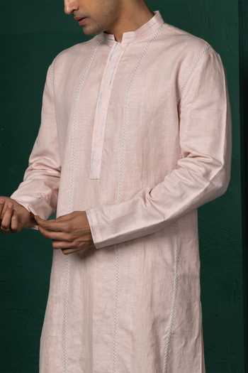 POONAM KASERA_Pink Linen Embroidered Kurta Set _Online_at_Aza_Fashions