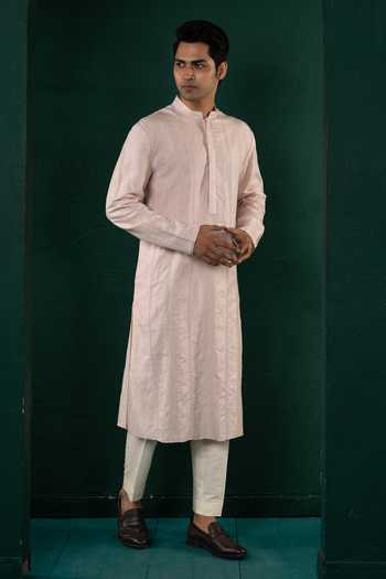 Buy_POONAM KASERA_Pink Linen Embroidered Kurta Set _Online_at_Aza_Fashions