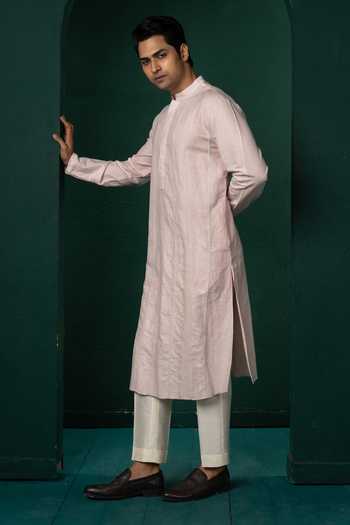 Shop_POONAM KASERA_Pink Linen Embroidered Kurta Set _Online_at_Aza_Fashions
