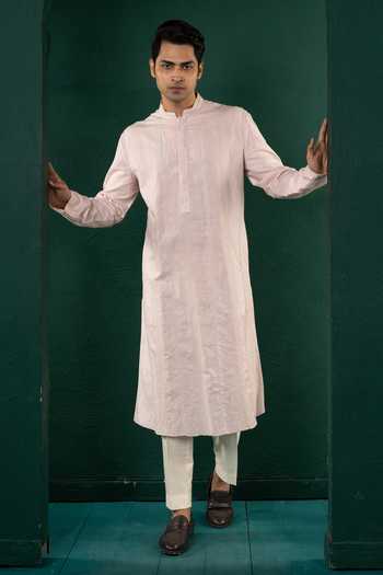 POONAM KASERA_Pink Linen Embroidered Kurta Set _at_Aza_Fashions