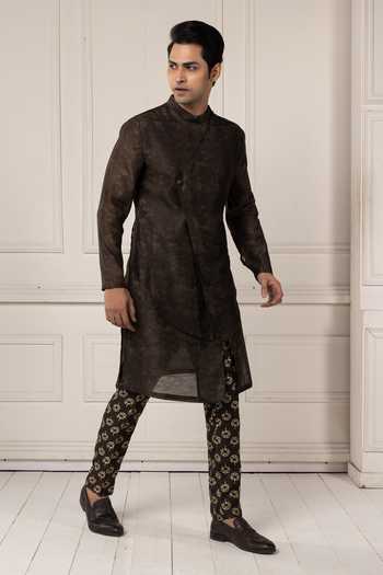 Buy_POONAM KASERA_Olive Green Chanderi Layered Kurta Set _Online_at_Aza_Fashions