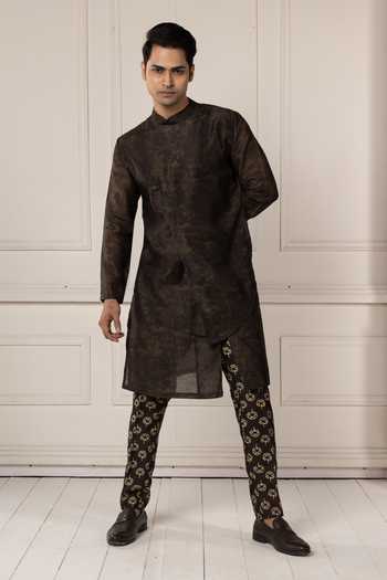 Shop_POONAM KASERA_Olive Green Chanderi Layered Kurta Set _Online_at_Aza_Fashions