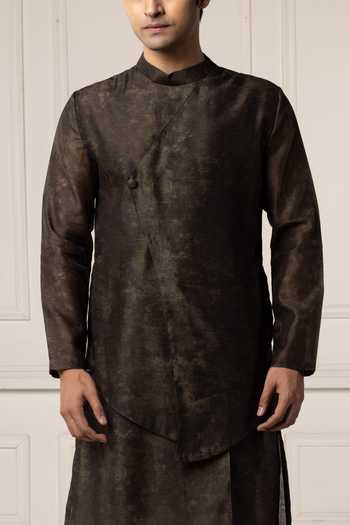 POONAM KASERA_Olive Green Chanderi Layered Kurta Set _at_Aza_Fashions